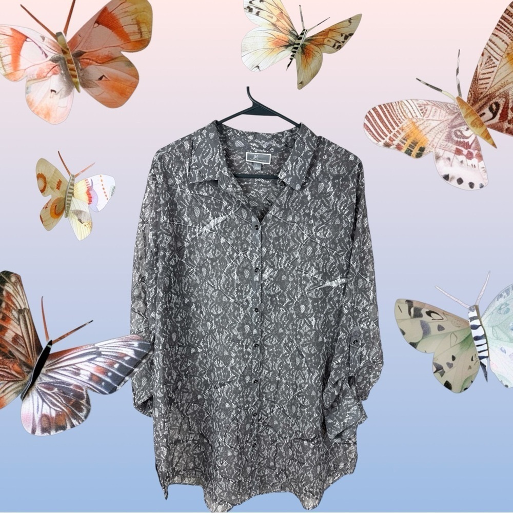 JM Collection Gray shear Button Down Shirt - Picture 2 of 7